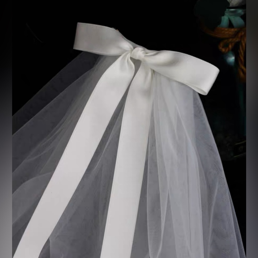 Short Wedding Veil with Slim Silk Bow - Picture 5 of 6